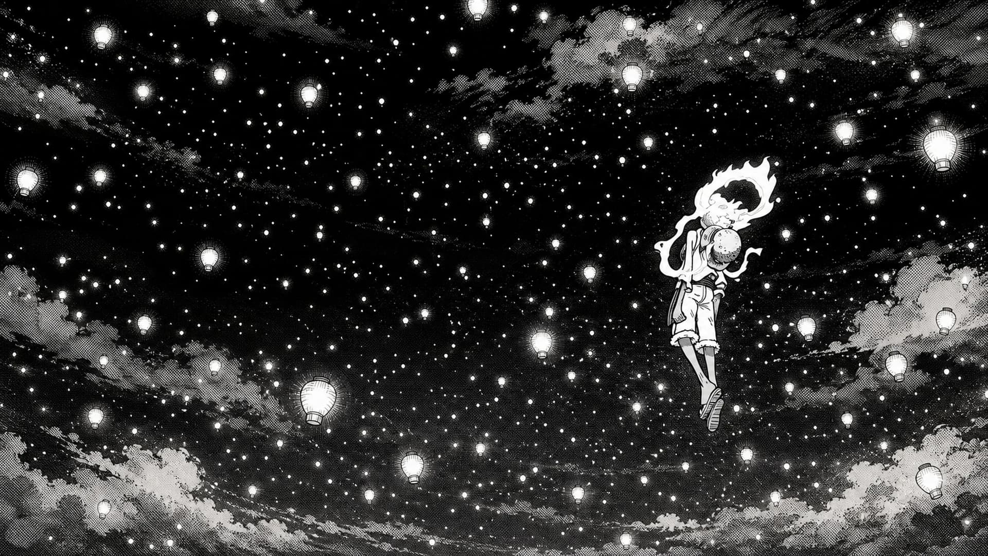 Nika floating beneath a night sky filled with lanterns